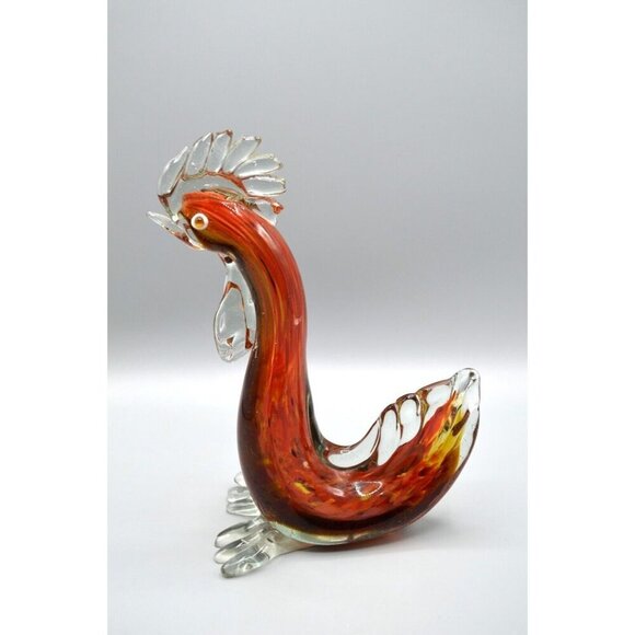 Blown Glass Rooster Figurine Red Clear Chicken Italian Style Vtg Handmade 9" - Picture 1 of 10